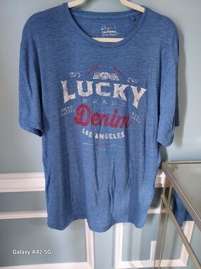 Men's Lucky Brand Blue Graphic 'Denim' Tee with Red Accents